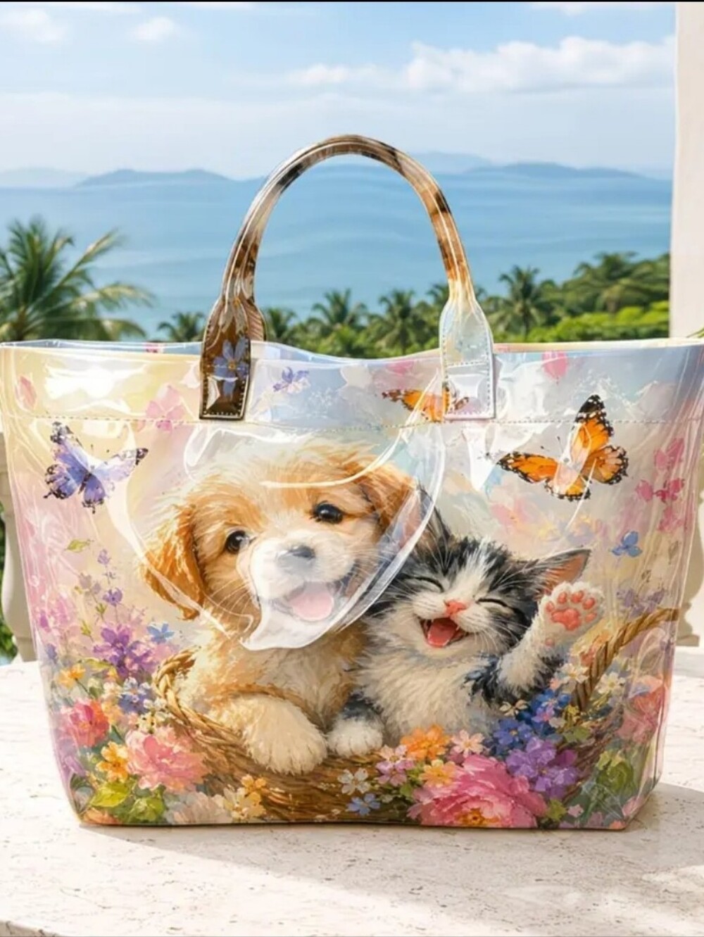 Cute Puppy Cat PVC Daily Tote Hand Bag
